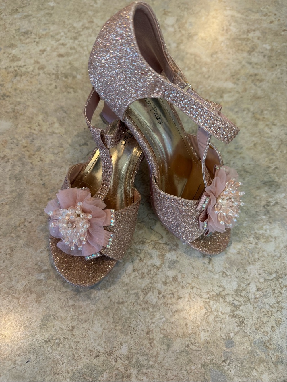 Glitter Pink Floral T-Strap Evening Heels